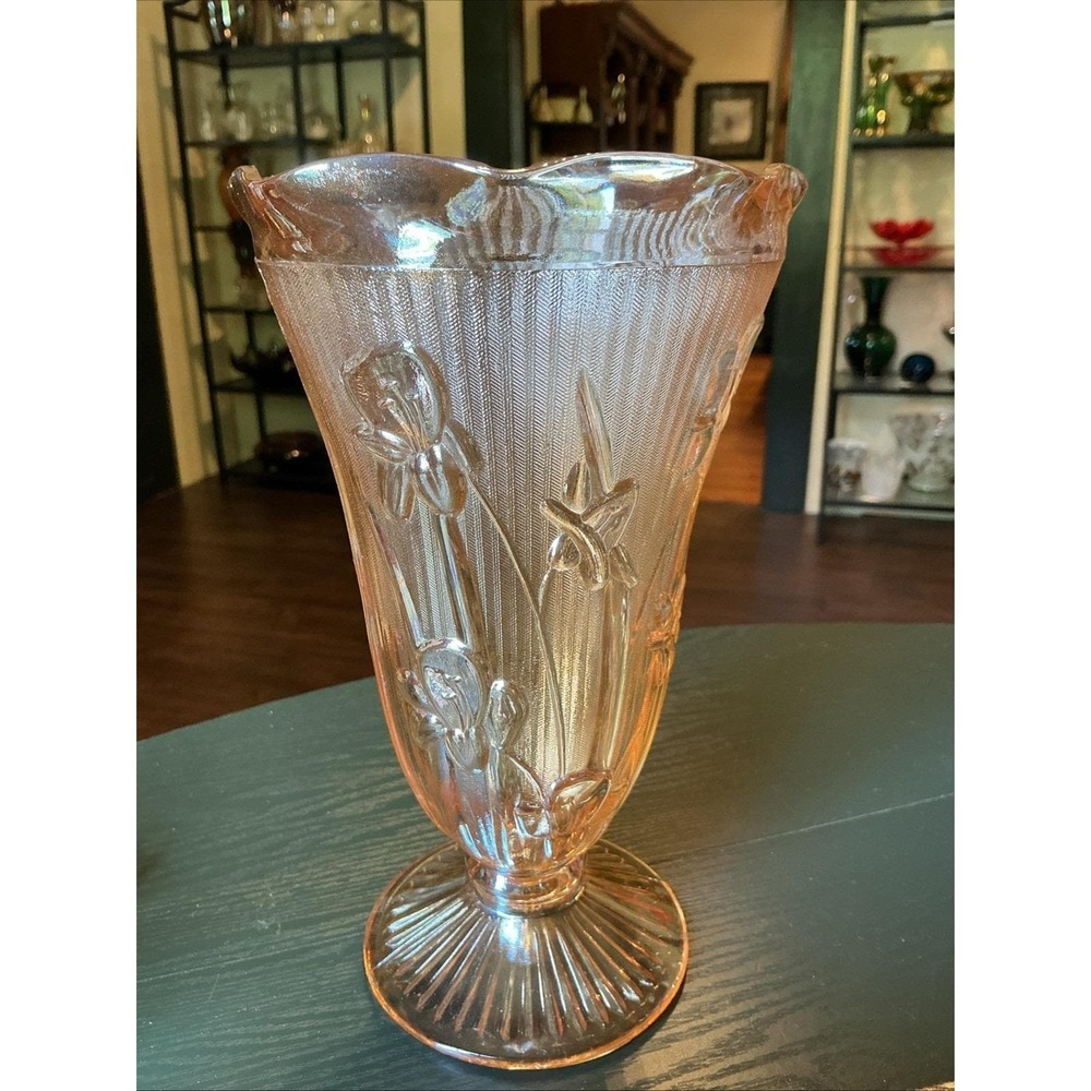 VTG Jeannette Glass 9" Iris & Herringbone Marigold Carnival Vase